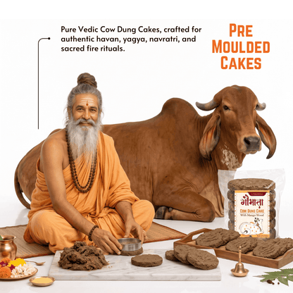 A man in orange robes sits beside a brown cow on a white studio background, with pre-moulded cow dung cakes displayed on trays and a jar in the foreground. Text reads 'Pure Vedic Cow Dung Cakes, crafted for authentic havan, yagya, navratri, and sacred fire rituals.