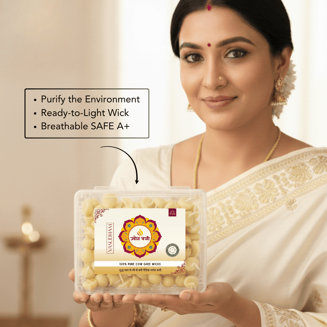 A woman in a white saree holds a clear plastic container of Vasudham ready-to-light ghee wick. A text box on the left lists product features, and an arrow points from the box to the text.
