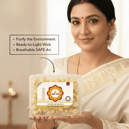 A woman in a white saree holds a clear plastic container of Vasudham ready-to-light ghee wick. A text box on the left lists product features, and an arrow points from the box to the text.