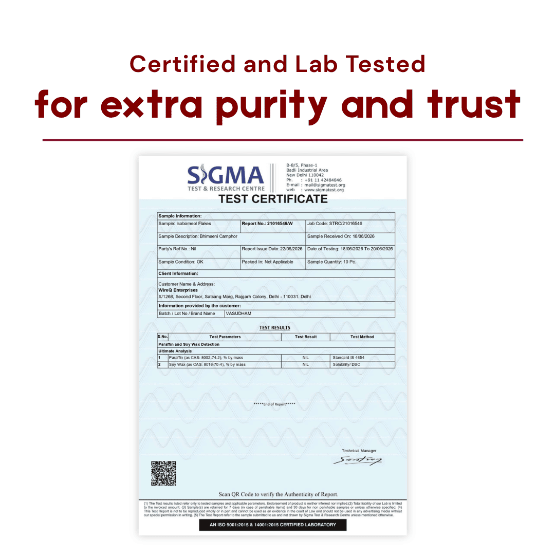 A Sigma Test Certificate document shown on a white background with red headline text above reading 'Certified and Lab Tested for extra purity and trust.' The certificate is mostly white with blue and black printing and a pale blue patterned section near the bottom.
