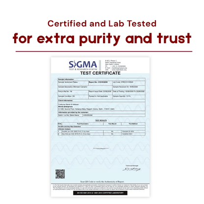 A Sigma Test Certificate document shown on a white background with red headline text above reading 'Certified and Lab Tested for extra purity and trust.' The certificate is mostly white with blue and black printing and a pale blue patterned section near the bottom.