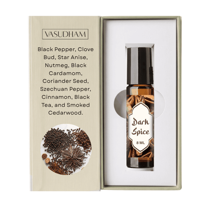 Box of Vasudham Dark Spice Roll-On Perfume with Fragrance Notes