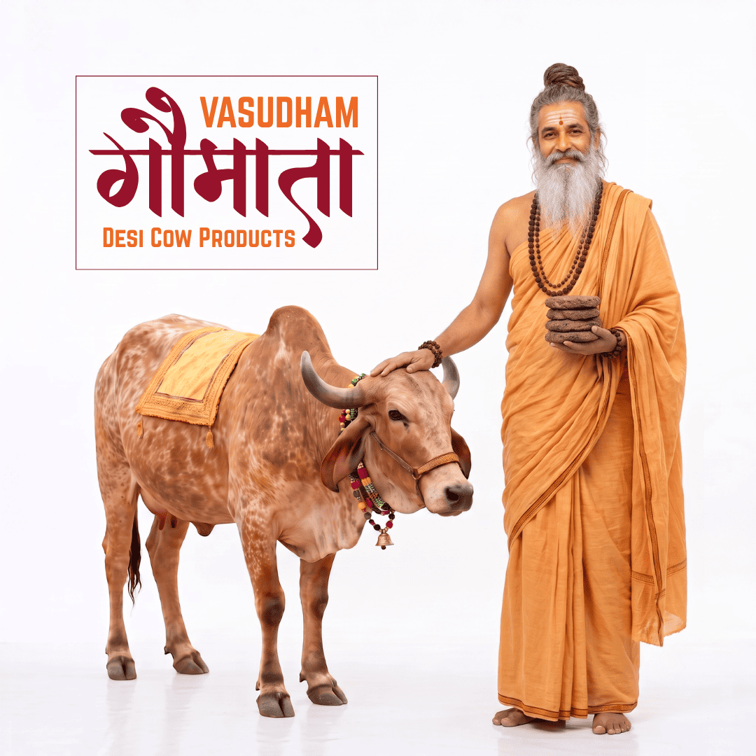 A man with a long white beard and hair in a bun, wearing an orange drape, stands beside a brown cow decorated with a yellow cloth and bead garlands. A logo in the top left reads 'VASUDHAM Goomata Desi Cow Products' on a white background.