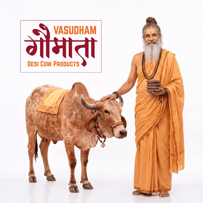 A man with a long white beard and hair in a bun, wearing an orange drape, stands beside a brown cow decorated with a yellow cloth and bead garlands. A logo in the top left reads 'VASUDHAM Goomata Desi Cow Products' on a white background.