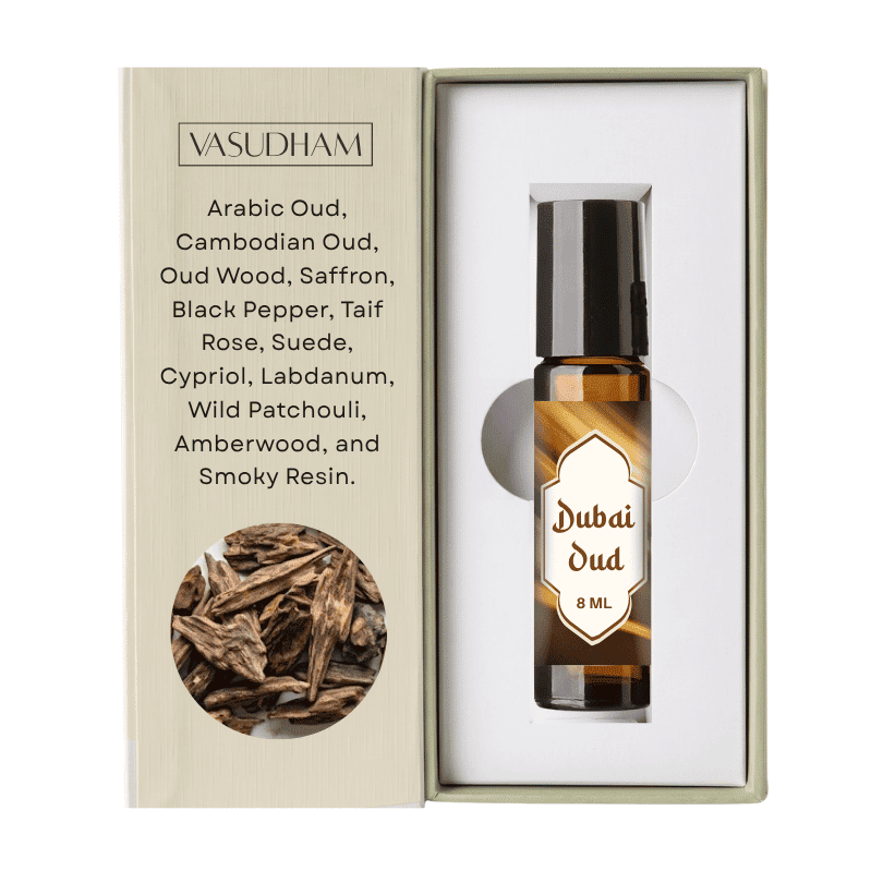 Vasudham Dubai Oud Roll-On Perfume with a Box and Fragrance Notes Mentioned on It