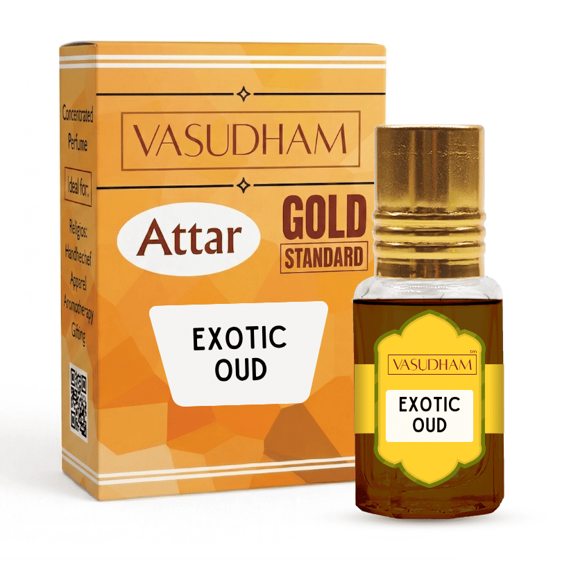 Vasudham Attar Gold Standard Exotic Oud perfume oil bottle next to its orange and gold packaging box on a white background.