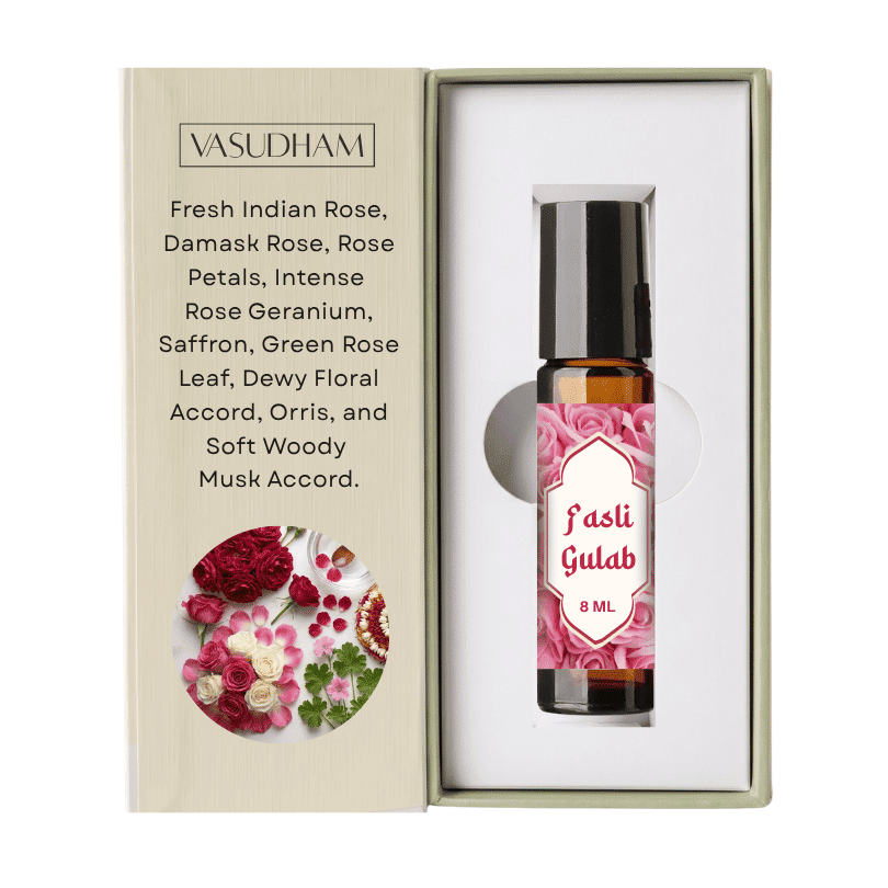 Box of Vasudham Fasli Gulab Roll-On Perfume with Amber Bottle and Fragrance Notes