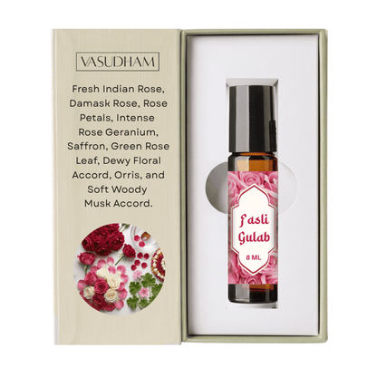 Box of Vasudham Fasli Gulab Roll-On Perfume with Amber Bottle and Fragrance Notes