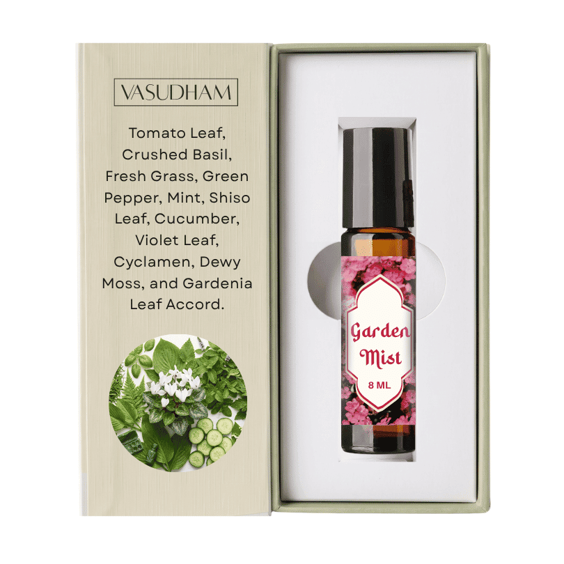 Vasudham garden Mist Roll-On Perfume Bottle in Amber Color and Text written on it