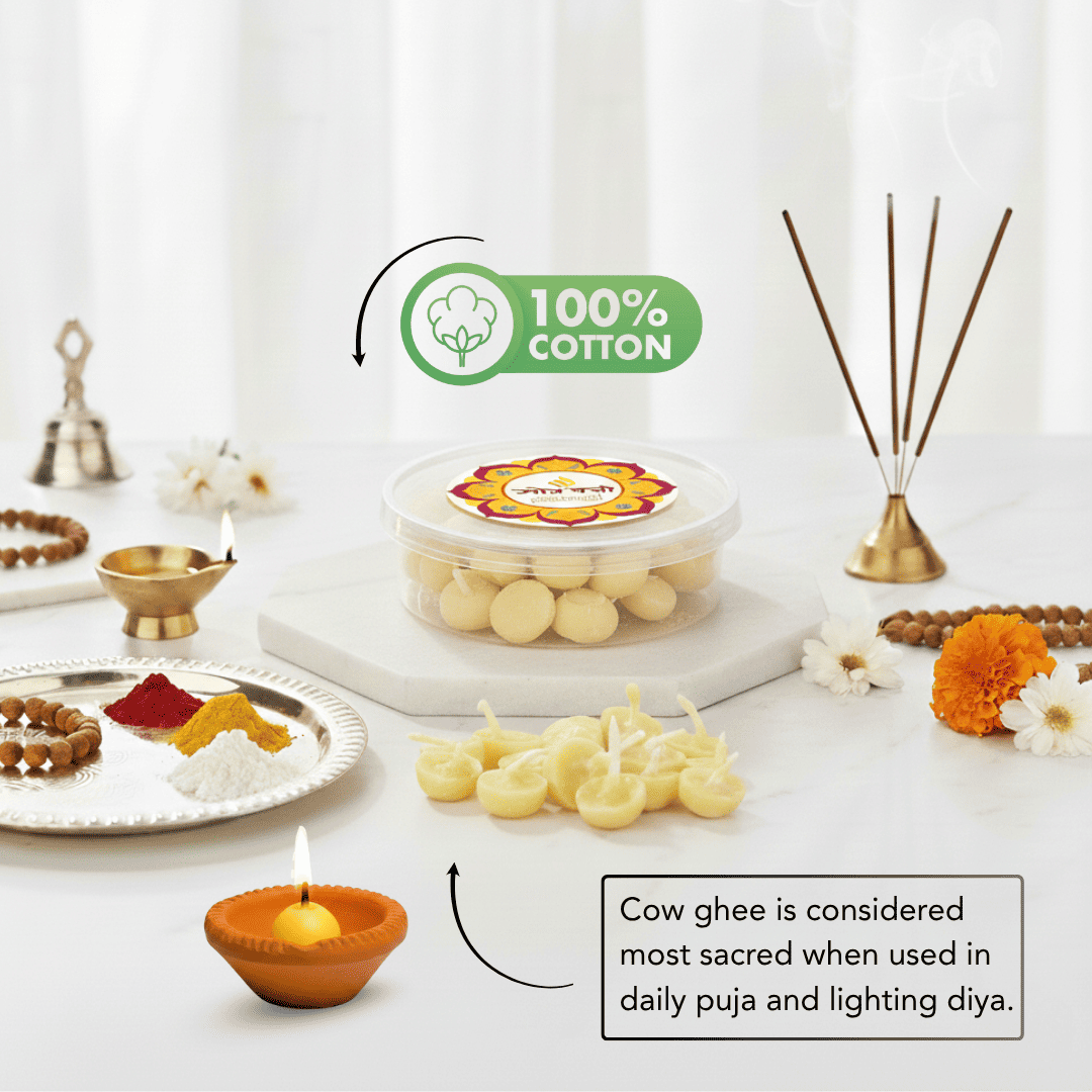 A clear plastic tub of round cow ghee wicks on a white pedestal on a tabletop, surrounded by puja props including a diya holder, incense sticks, a brass bell, and small lit diyas. Arrows and text call out the product and explain its use, including a '100% Cotton' badge.