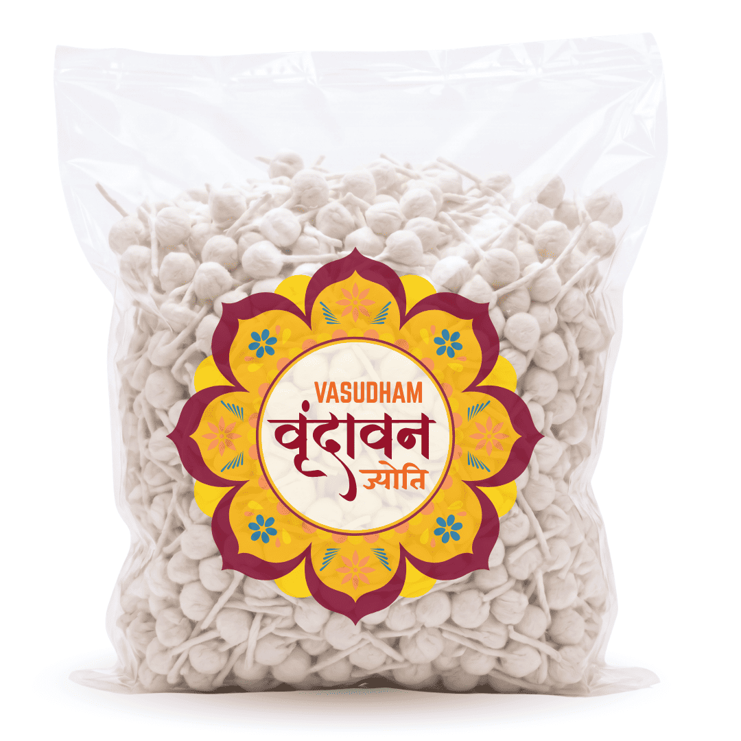 A clear plastic bag filled with off-white cotton wick, featuring a circular yellow and maroon label with the brand name 'VASUDHAM'