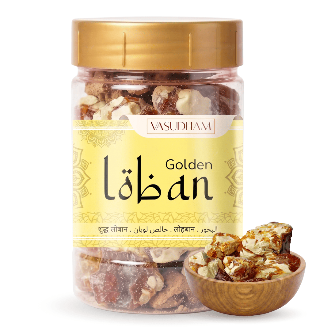 A clear plastic jar of Vasudham Golden loban with a gold lid and a yellow label, shown alongside a small wooden bowl of the sliced nuts on a white background.