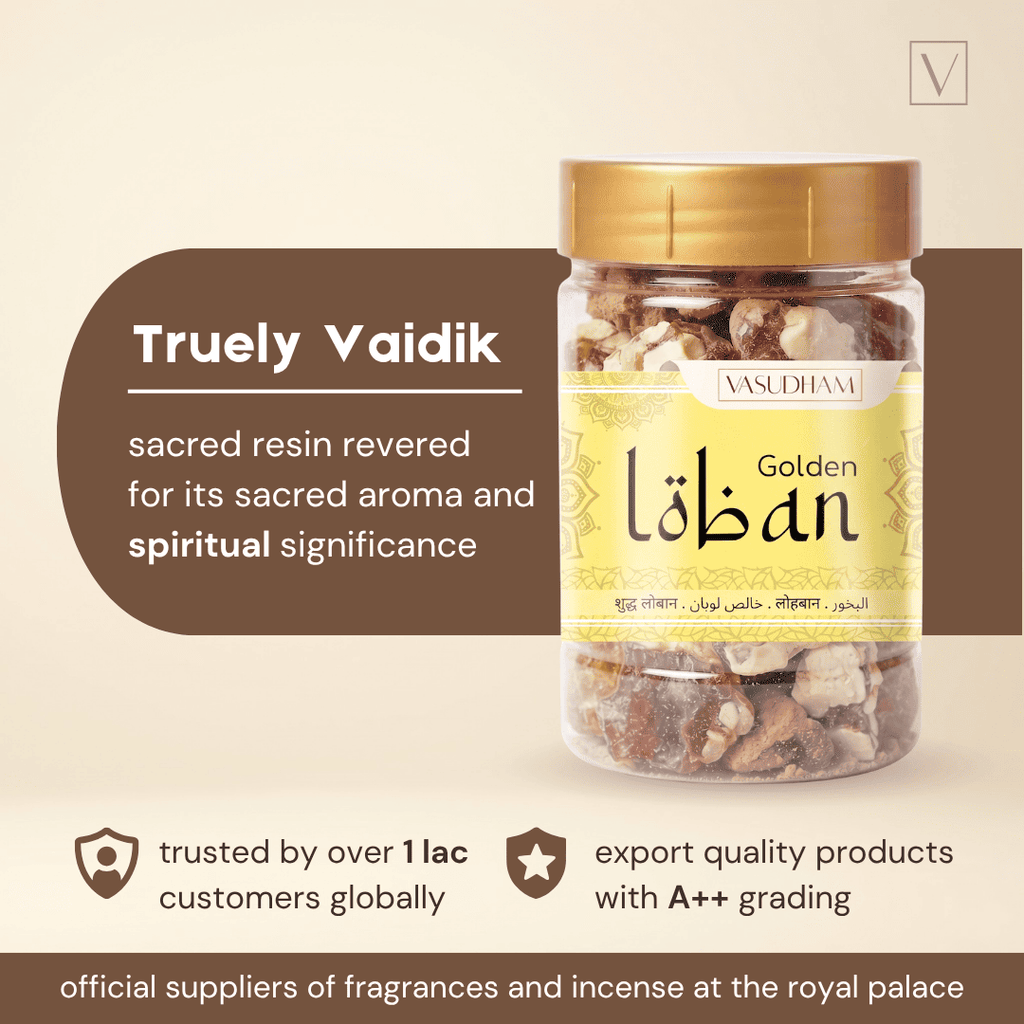 A jar of VASUDHIA Golden Vaidan sacred resin incense, shown on a beige background with promotional text overlays. The product is in a clear jar with a gold lid and a yellow label, showing the brown resin inside.