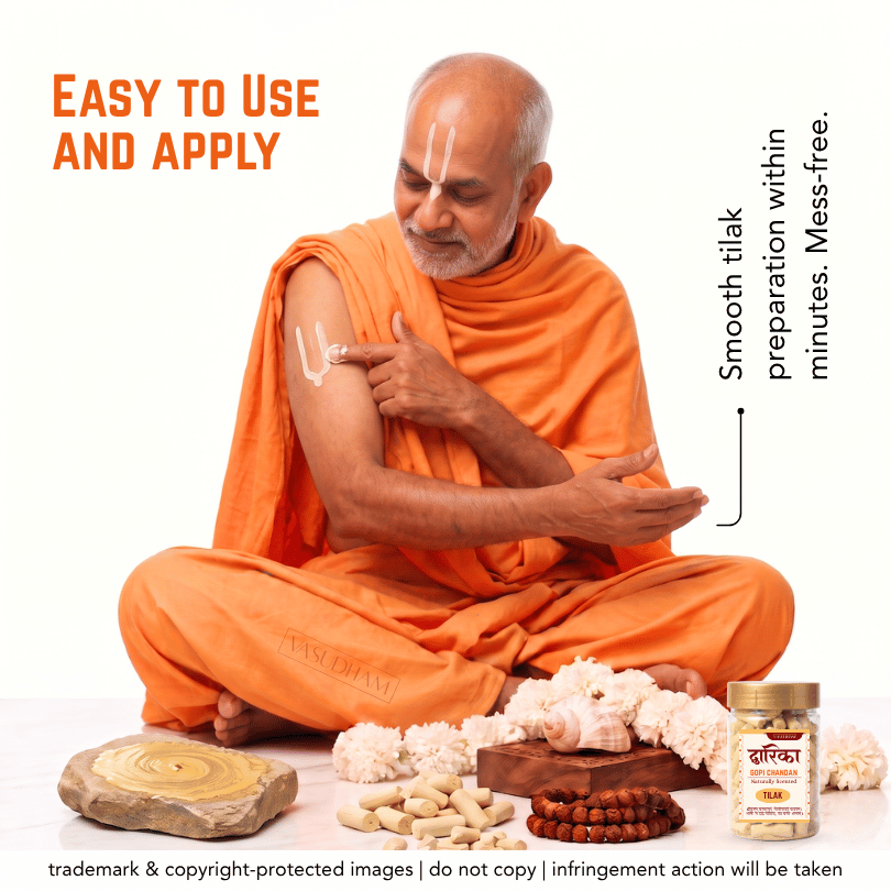 A man in an orange saffron robe demonstrates the application of tilak body paint on his upper arm, with text overlays explaining ease of use. In the foreground, various natural ingredients including white flowers, a wooden slice, mustard seeds, and a jar of 'Shailendra' brand tilak are arranged on a white background.