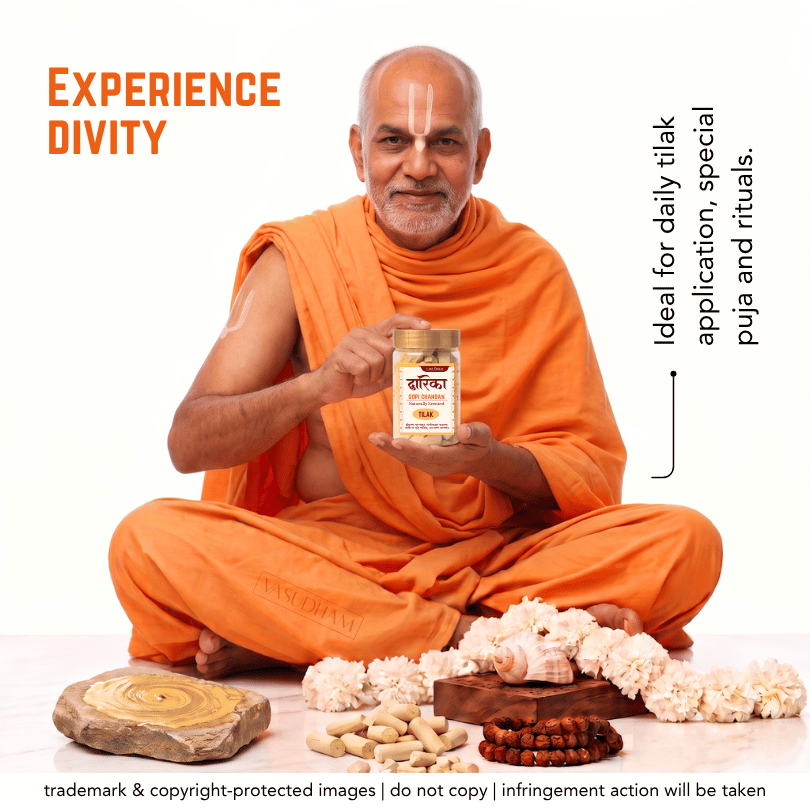 A man in an orange robe sits cross-legged on a white background, holding a jar of Tilak paste. The scene includes decorative garlands, peanuts, a wooden slice, and text overlays promoting the product for daily tilak application in puja and rituals.
