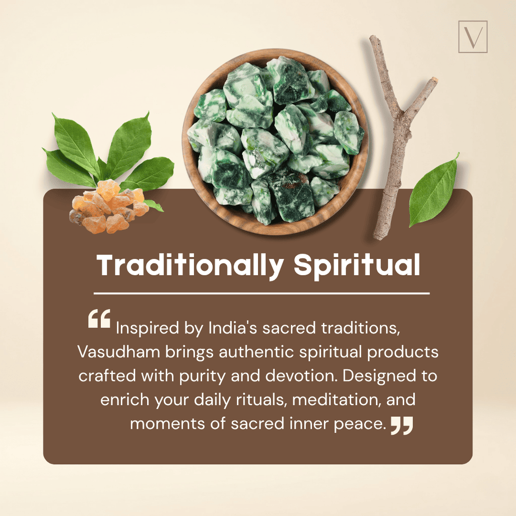 Promotional graphic for Vasudham featuring a bowl of green and white loban, green leaves, and dried orange flowers on a beige background with a brown text panel that reads 'Traditionally Spiritual'.