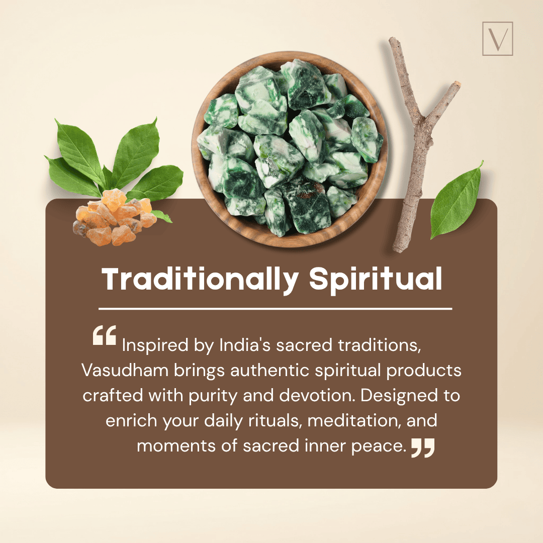 Promotional graphic for Vasudham featuring a bowl of green and white loban, green leaves, and dried orange flowers on a beige background with a brown text panel that reads 'Traditionally Spiritual'.