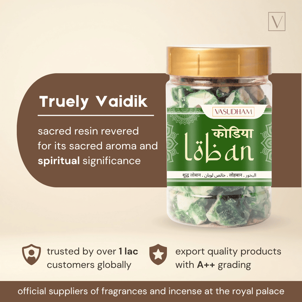 A jar of VasudhamTruely Vaidik Kodiya Loban incense sticks on a beige background with promotional text overlays.