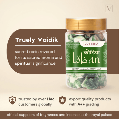 A jar of VasudhamTruely Vaidik Kodiya Loban incense sticks on a beige background with promotional text overlays.