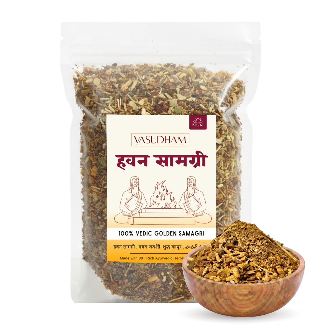 A clear stand-up pouch of VASUDHAM Havan Samagri (Vedic Golden Samagri) next to a small wooden bowl filled with the loose herbal powder, set against a plain white background.