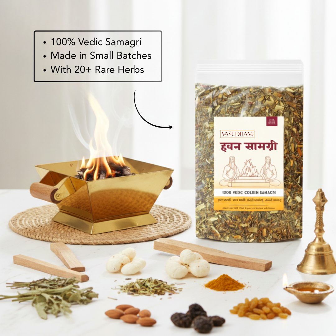 Vedic Samagri herbal incense set shown with a brass burning vessel, a bag of rare herbs labeled Vaslepati, and several loose ingredients arranged on a white surface against a soft light background.