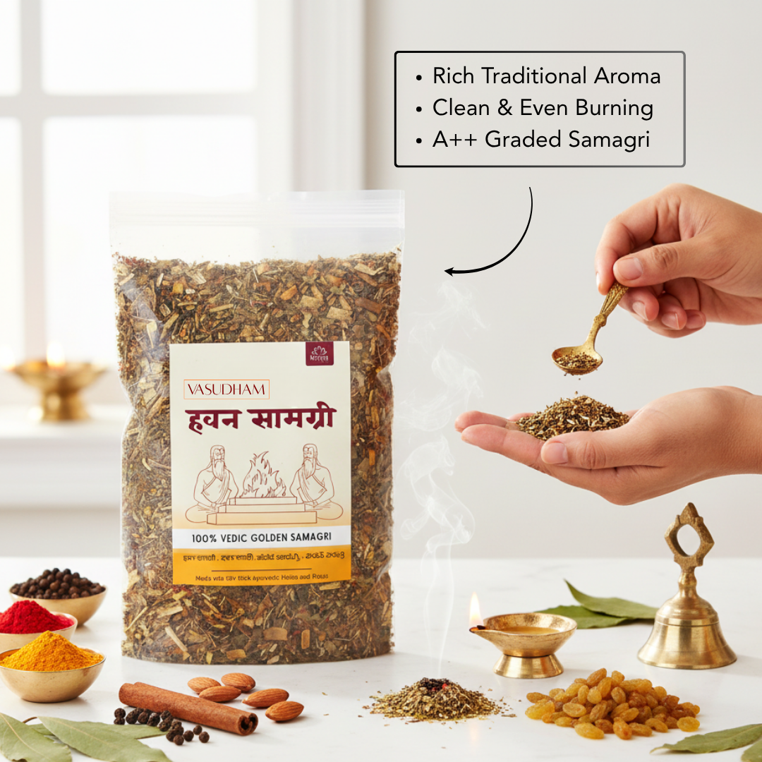 A bag of Vasudehram Havan Samagri (traditional Indian whole golden samagri) displayed on a white surface with a hand holding a spoonful of the loose herb, surrounded by spices, cinnamon, and a brass bell.
