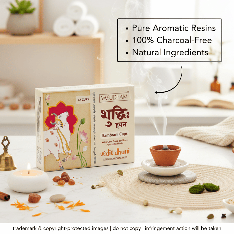 Cow Dung Sambrani Havan Cups with Guggul, Loban, and Ayurvedic Herbs - Charcoal Free