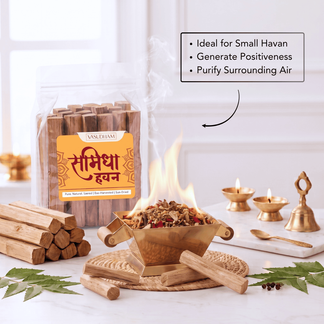 A packaged bundle of wooden havan samidha is shown beside a small flame with incense burning in a brass bowl, along with lit candles, brass bells, a spoon, leaves, and a text callout describing benefits for small havan.
