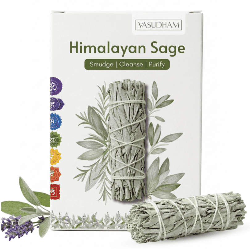 Vasudham Himalayan Sage smudge bundle set, featuring a white product box with sage green illustrations and a bundle of dried sage sticks tied with string, shown on a white background with a few loose sage leaves and purple lavender sprigs in the foreground.