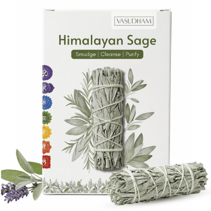 Vasudham Himalayan Sage smudge bundle set, featuring a white product box with sage green illustrations and a bundle of dried sage sticks tied with string, shown on a white background with a few loose sage leaves and purple lavender sprigs in the foreground.
