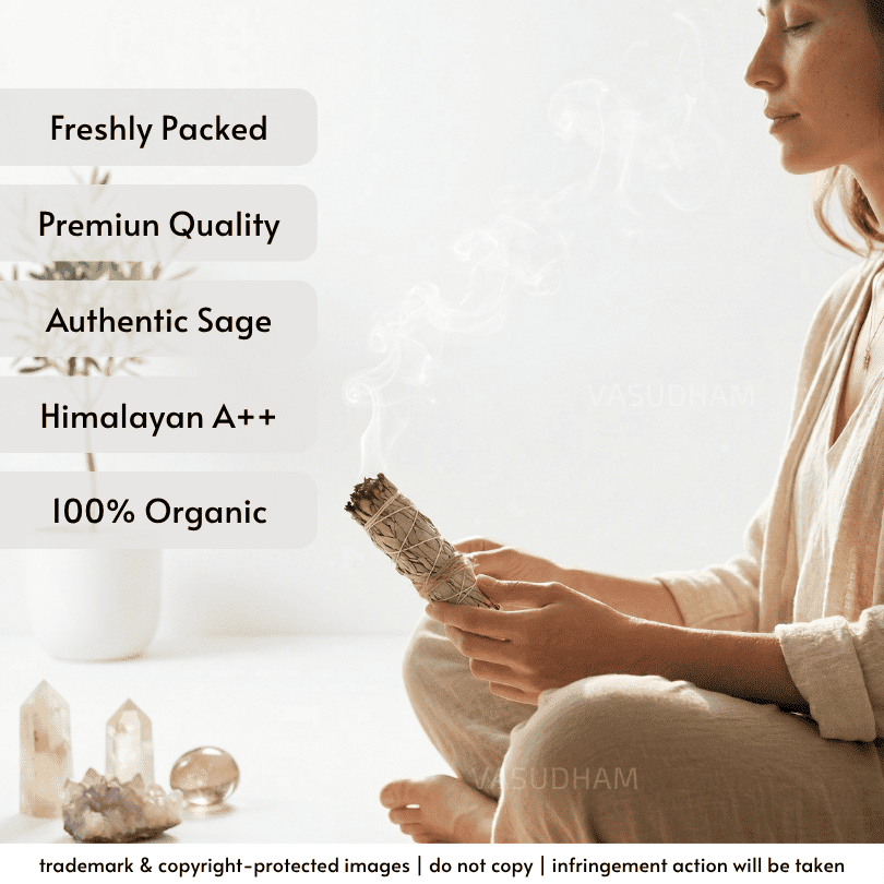 A woman in a beige robe sits cross-legged while holding a bundle of dried sage leaves that are smoking. The image features text overlays highlighting product qualities: 'Freshly Packed', 'Premium Quality', 'Authentic Sage', 'Himalayan A++', and '100% Organic'.