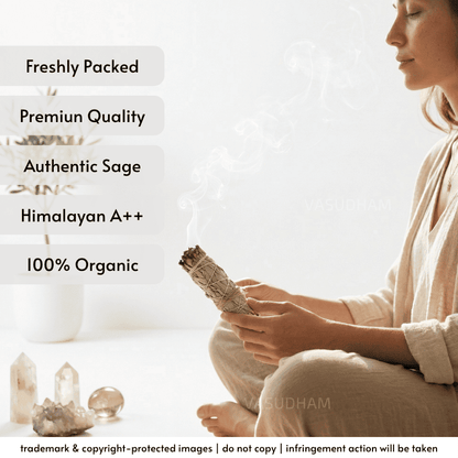 A woman in a beige robe sits cross-legged while holding a bundle of dried sage leaves that are smoking. The image features text overlays highlighting product qualities: 'Freshly Packed', 'Premium Quality', 'Authentic Sage', 'Himalayan A++', and '100% Organic'.