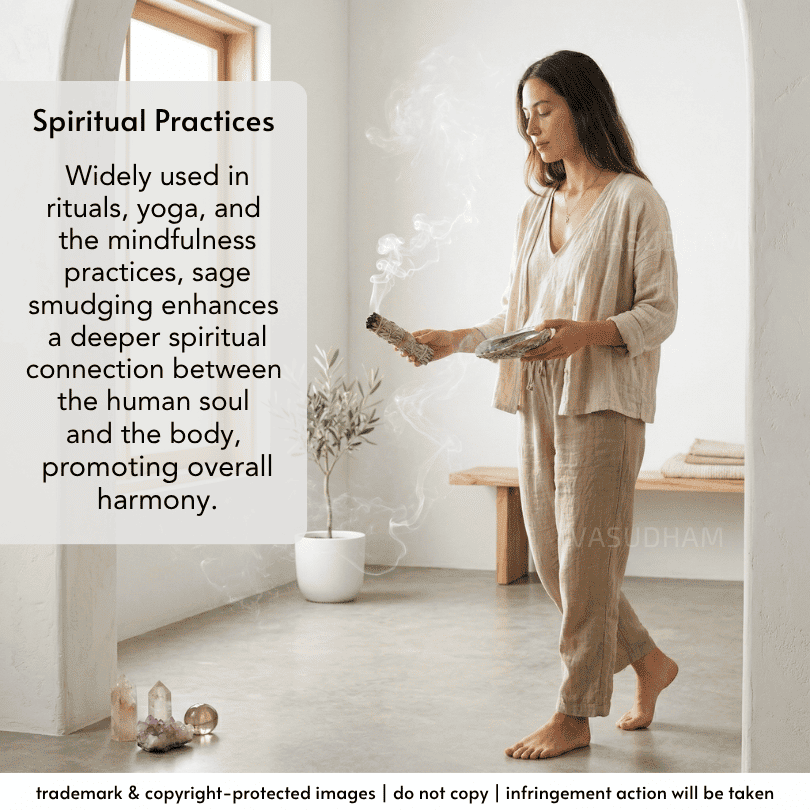 A woman in a beige linen robe stands in a bright, minimalist room holding a smudging bundle and a silver tray, with text on the left explaining spiritual practices and sage smudging.