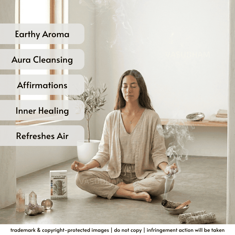 A woman in a beige cardigan and pants sits cross-legged on a wooden floor in a bright room, holding a smoking incense stick. Text overlays on the left read 'Earthy Aroma', 'Aura Cleansing', 'Affirmations', 'Inner Healing', and 'Refreshes Air'.