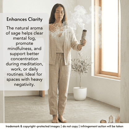 A woman stands barefoot in a bright room holding a smoking incense stick, wearing a light beige linen robe and matching pants. A large text panel on the left describes the natural sage aroma and its benefits for clarity and meditation.