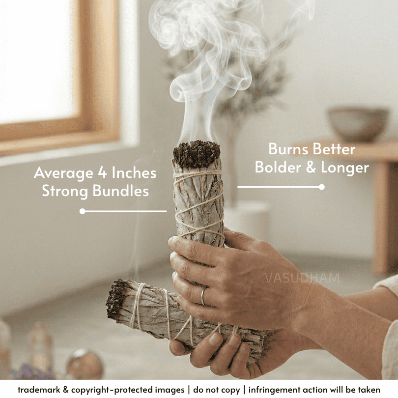 A person holds two bundled sage smudge sticks with visible smoke rising from one. White text overlays read 'Average 4 Inches Strong Bundles' and 'Burns Better Bolder & Longer.