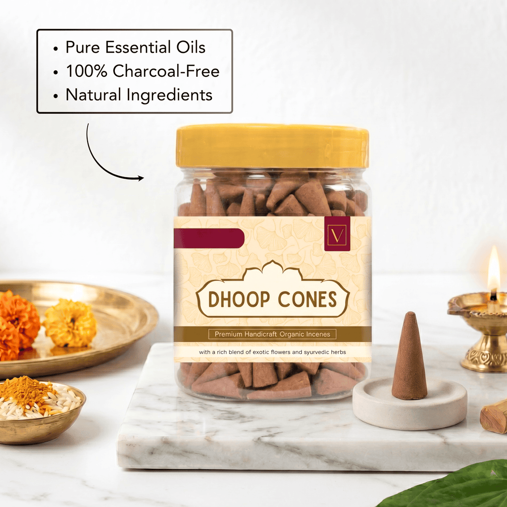 Jar of Dhoop Cones with a label on a marble surface with decorative elements.