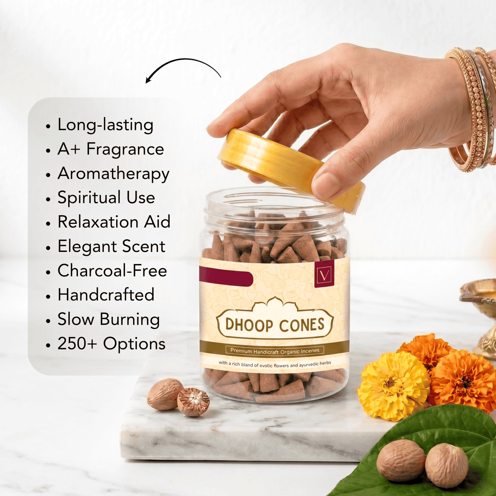 Hand opening a jar of Dhoop Cones with product features listed on a white background