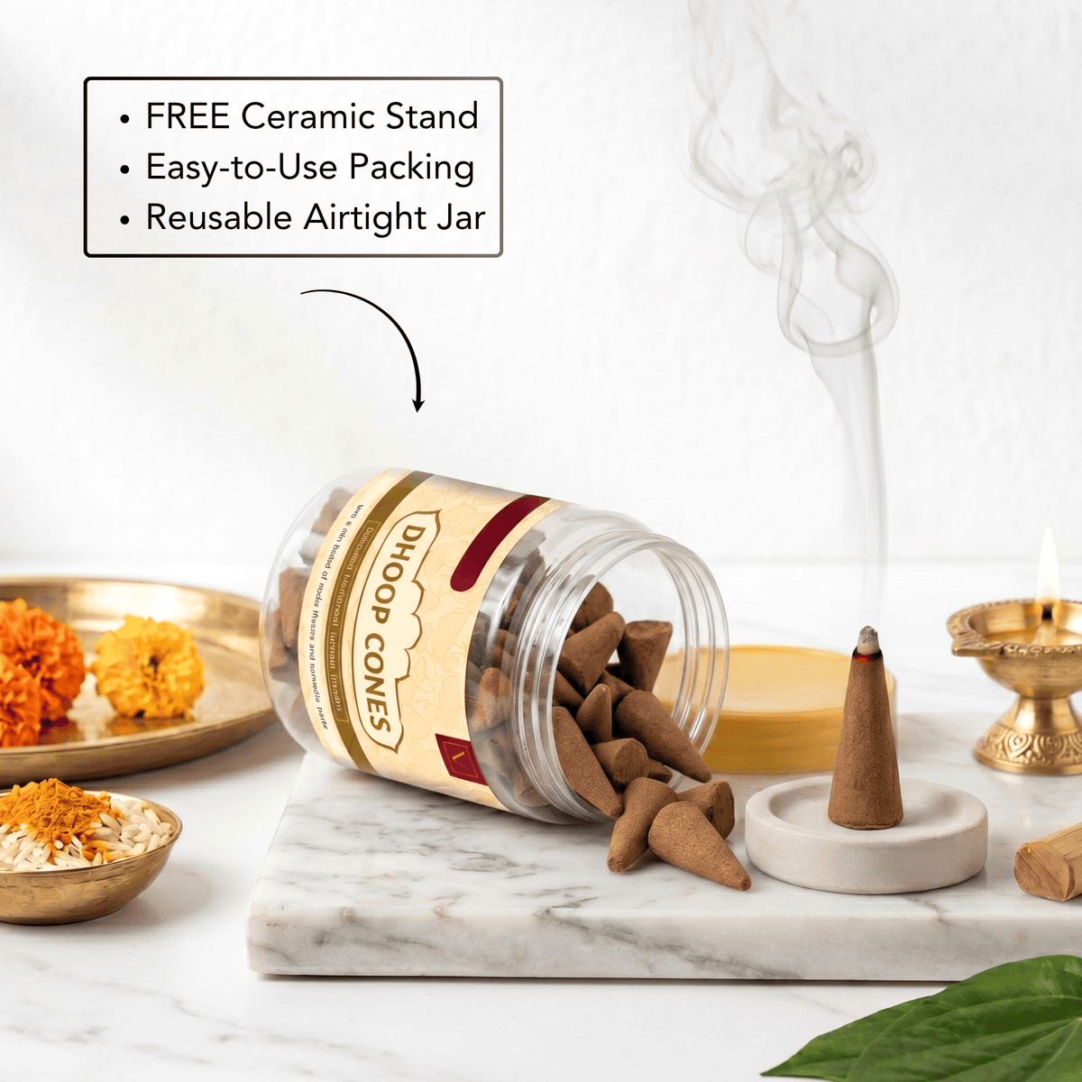 Dhoop cones in a reusable airtight jar with smoking incense cone on a marble surface.