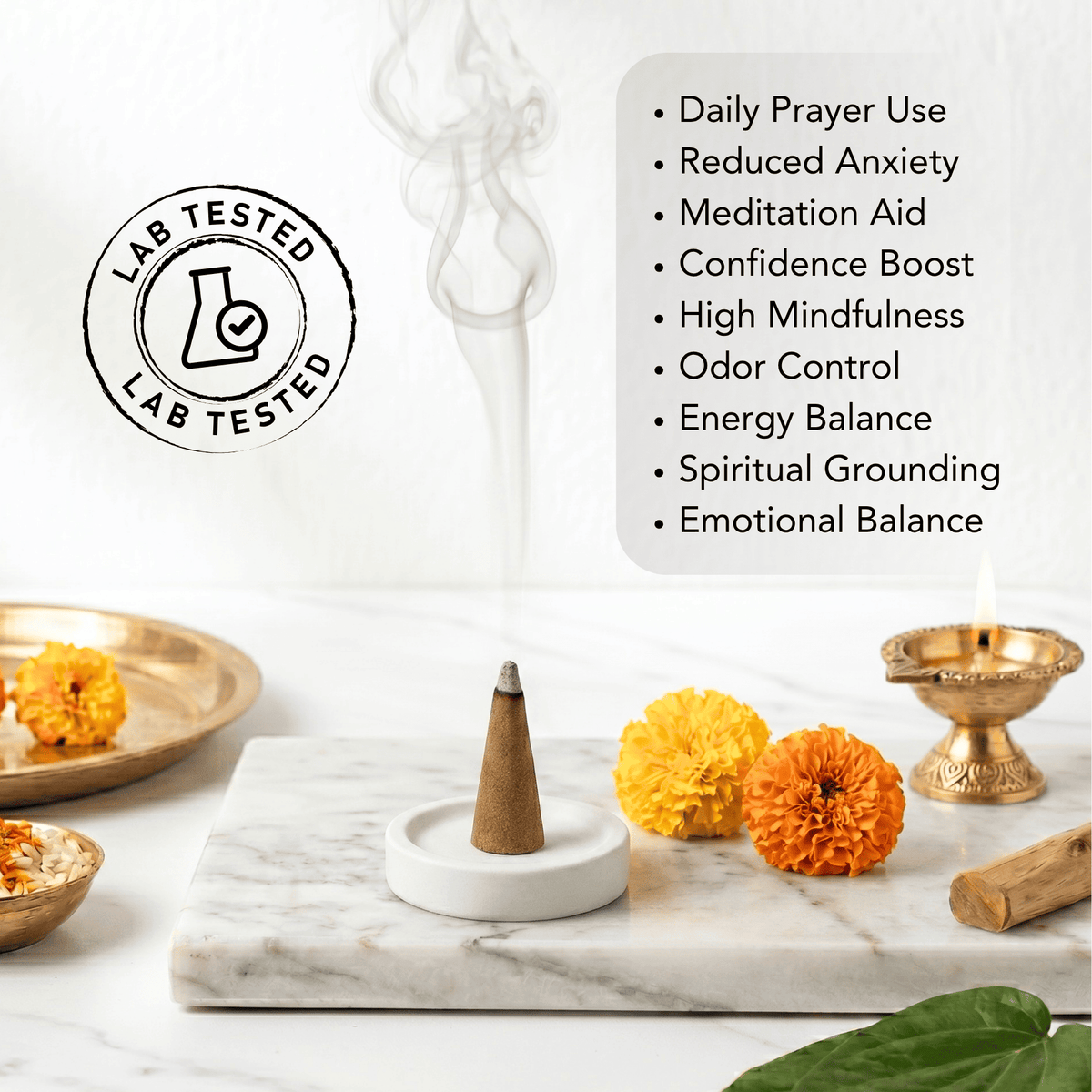 Incense cone with flowers and candles on a marble surface, featuring a lab-tested logo and wellness benefits text.