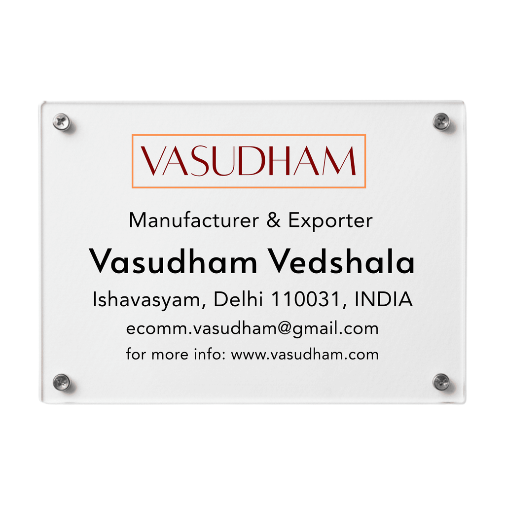 Clear acrylic sign with Vasudham branding and contact information on a white background