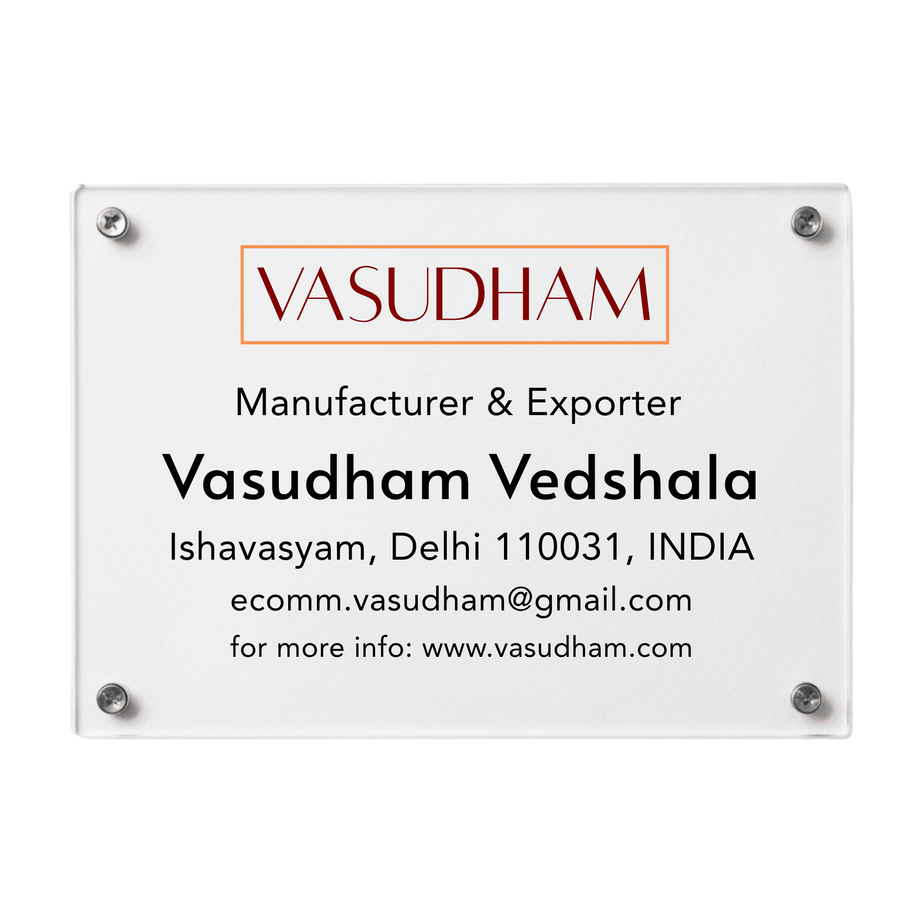 Clear acrylic sign with Vasudham branding and contact information on a white background