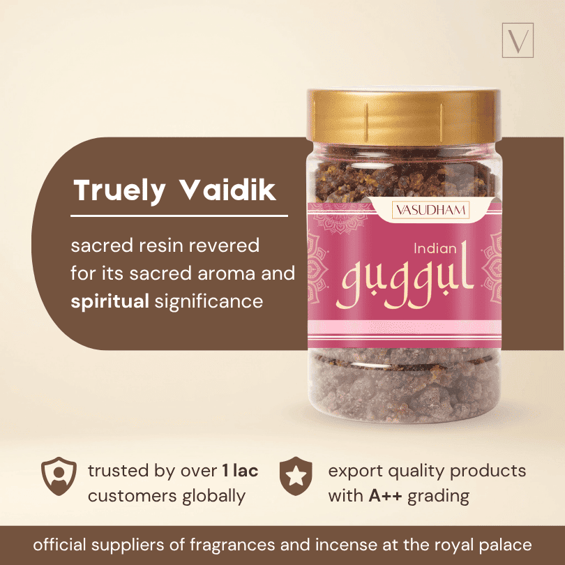 A jar of Indian Guggul sacred resin with a gold lid and pink label, set against a beige background with promotional text for Truely Vaidik by Vasudhama.