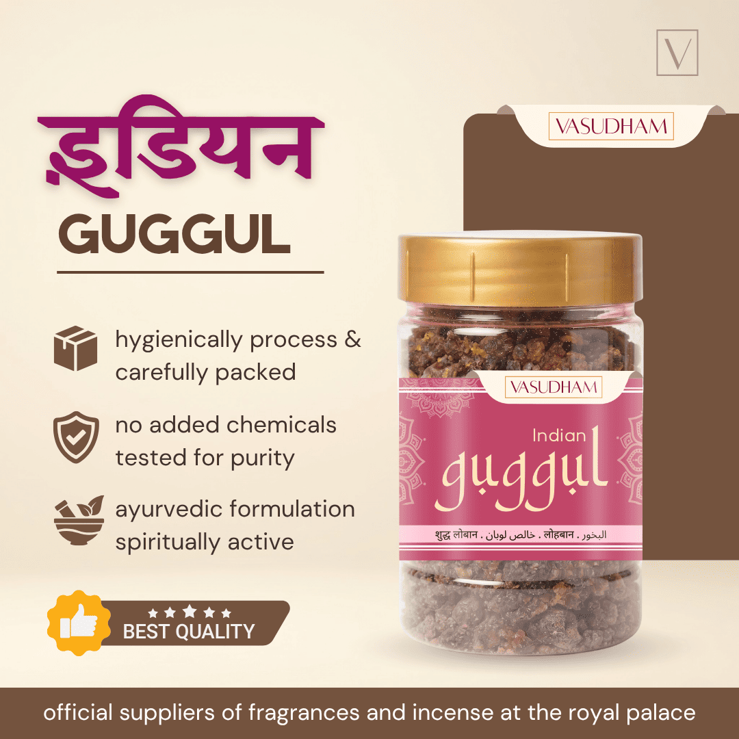 Vasudham Indian Guggul herbal cleanse powder in a clear glass jar with a gold lid and pink label, set against a beige background with product features and benefits text.