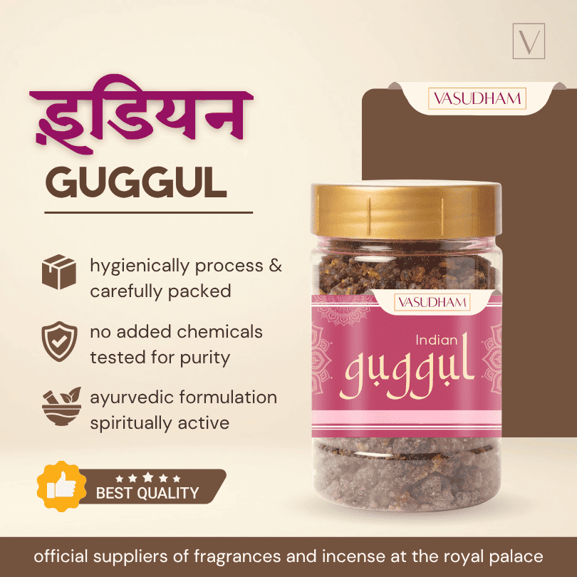Vasudham Indian Guggul herbal cleanse powder in a clear glass jar with a gold lid and pink label, set against a beige background with product features and benefits text.