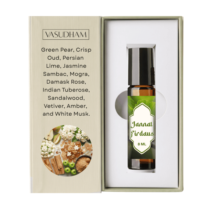 Vasudham Jannat Firdaus 8ml rollerball oil in its original packaging, featuring a beige textured box with scent descriptions and a white inner tray holding the amber glass bottle with a green and white label.