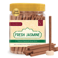 Jar of Vasudham Fresh Jasmine dhoop sticks with a yellow lid on a white background