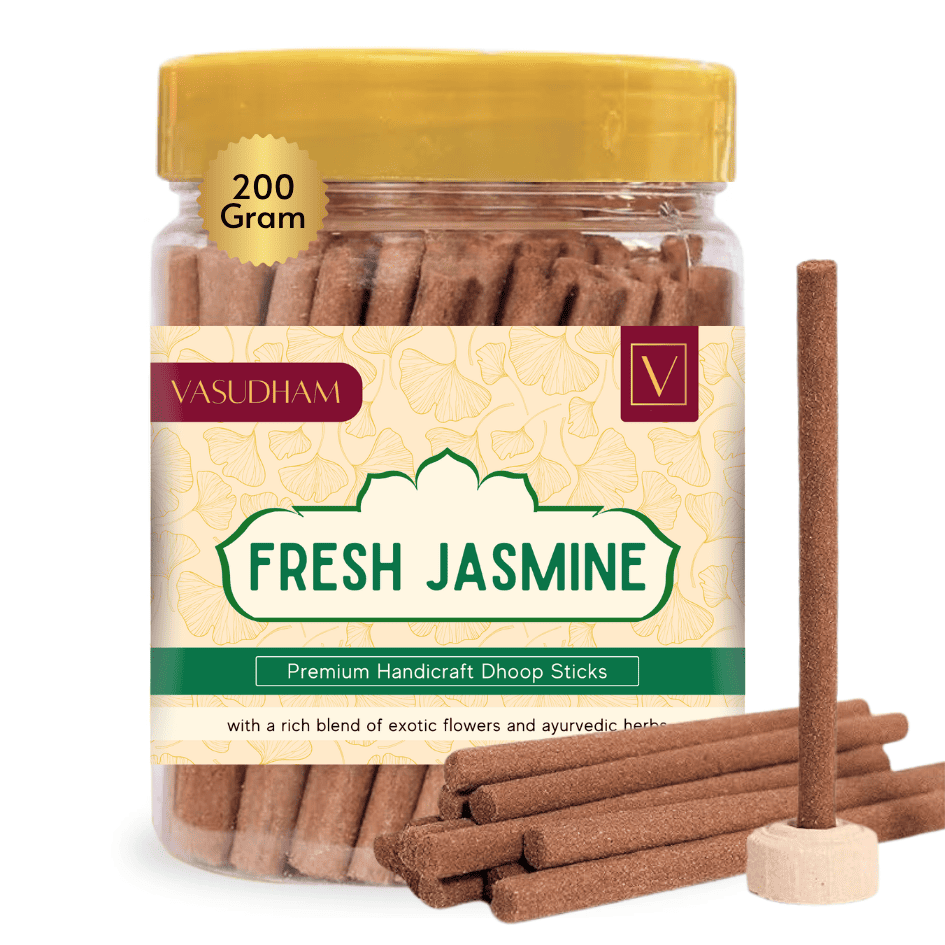 Jar of Vasudham Fresh Jasmine dhoop sticks with a yellow lid on a white background