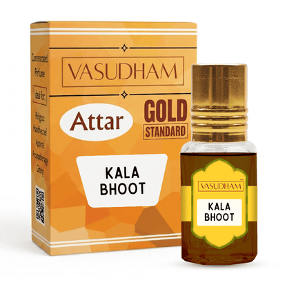 Vasudham Attar Gold Standard Kala Bhoot perfume oil bottle with a gold cap next to its orange and gold packaging box on a white background.