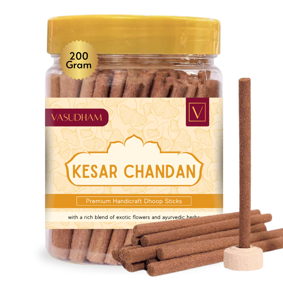 Jar of Kesar Chandan doop sticks with a yellow lid and Vasudham branding.
